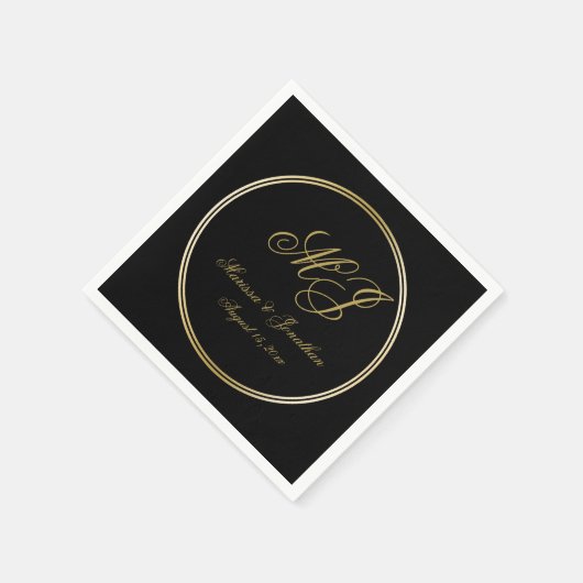 Elegant Black Gold Monogram Script Weddenschap Servet (Hoek)