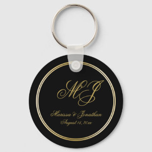Elegant Black Gold Monogram Script Weddenschap Sleutelhanger