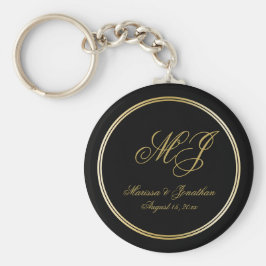 Elegant Black Gold Monogram Script Weddenschap Sleutelhanger