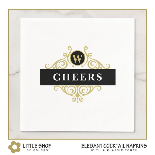 Elegant Black Gold Monogram Servet