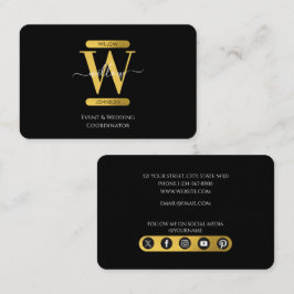 Elegant Black & Gold Monogram Social Media Icons Visitekaartje