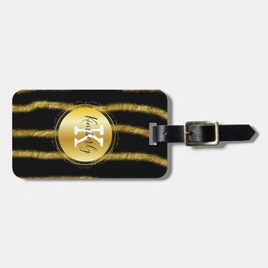 Elegant Black Gold Monogram Stripe Bagagelabel (Voorkant horizontaal)
