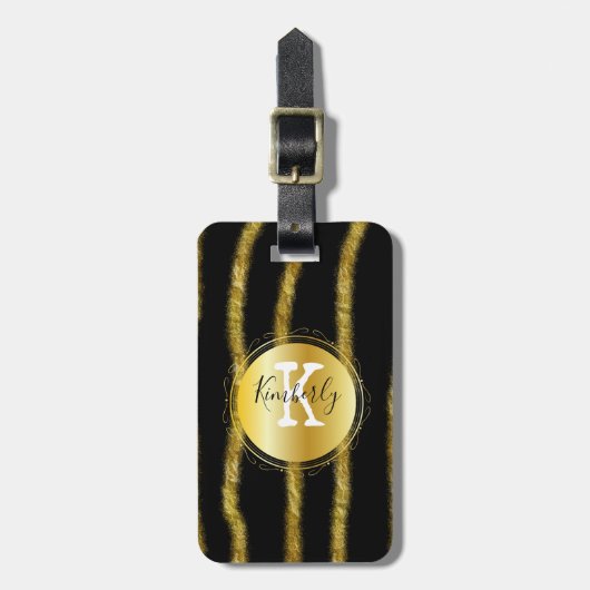 Elegant Black Gold Monogram Stripe Bagagelabel (Voorkant verticaal)