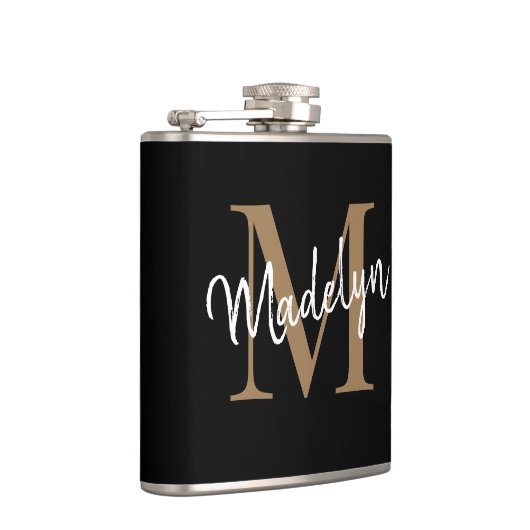 Elegant Black Gold Monogram Stylish Script Name Heupfles (Rechts)