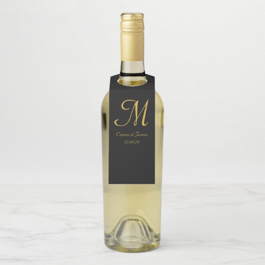 Elegant Black & Gold Monogram Weddenschap Aangepas Flessenhanger (Op fles)
