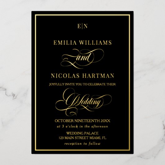 Elegant Black & Gold Monogram Weddenschap Folie Uitnodiging (Voorkant)