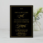 Elegant Black & Gold Monogram Weddenschap Folie Uitnodiging (Staand Voorkant)