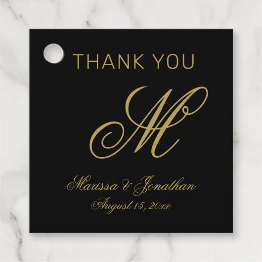 Elegant Black Gold Monogram Weddenschap Hartelijk  Bedankjes Labels (Voorkant)