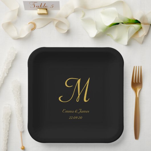 Elegant Black Gold Monogram Weddenschap Papieren Bordje (Huwelijk)