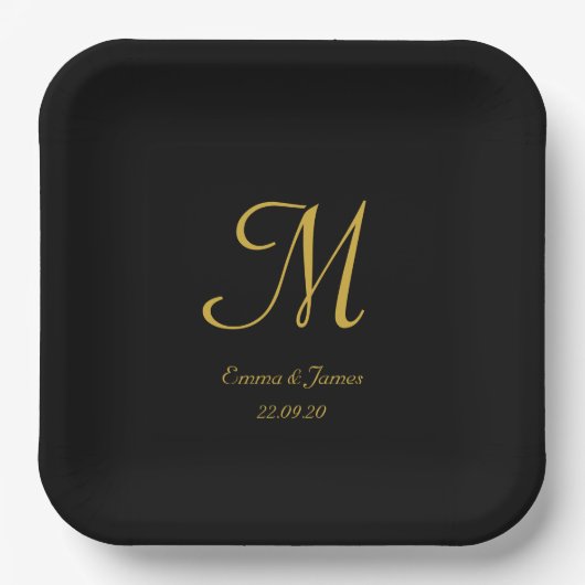 Elegant Black Gold Monogram Weddenschap Papieren Bordje (Voorkant)