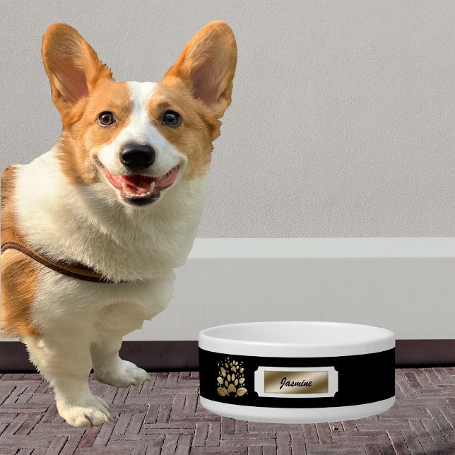 Elegant Black & Gold Monogramed Name Dog Bowl Voerbakje (Creator heeft geüpload)