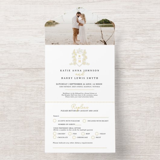 Elegant Black & Gold Monogrammed Wedding foil All In One Uitnodiging (Binnenkant)