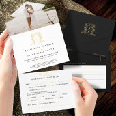 Elegant Black & Gold Monogrammed Wedding foil All In One Uitnodiging