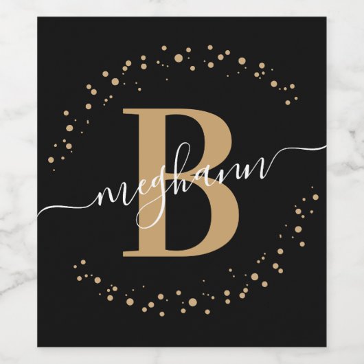 Elegant Black Gold Name Monogramed Script Wijn Etiket (Enkel label)