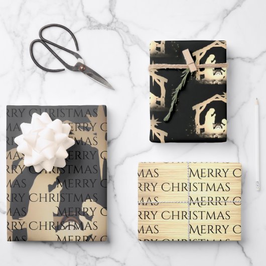 Elegant Black & Gold Natitivity Merry Kerstmis Inpakpapier Vel (Voorkant)