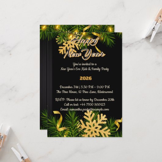 Elegant Black & Gold New Year Invitation 5x7  Kaart (Voorkant / Achterkant in situ)
