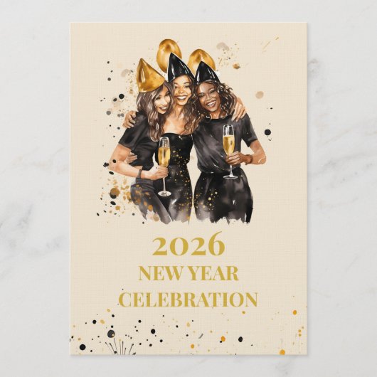 Elegant Black & Gold New Year Invitation Kaart (Voorkant)