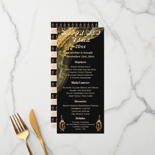 Elegant Black & Gold New Year Menu & Champagne (Voorkant / Achterkant in situ)