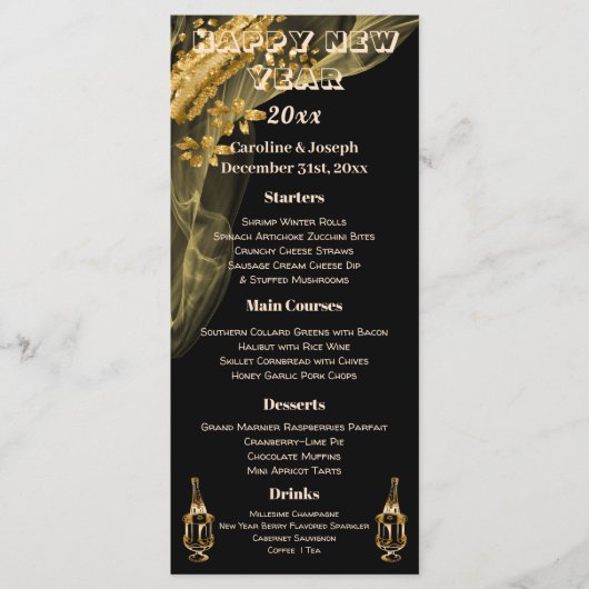 Elegant Black & Gold New Year Menu & Champagne (Voorkant)