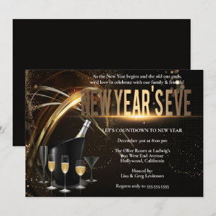 Elegant Black & Gold New Years Eve Party Invitatio Kaart