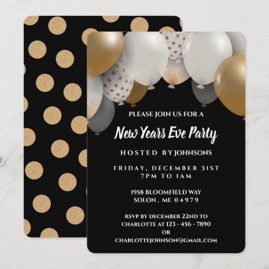 Elegant Black & Gold New Years Eve Party Kaart (Voorkant / Achterkant)