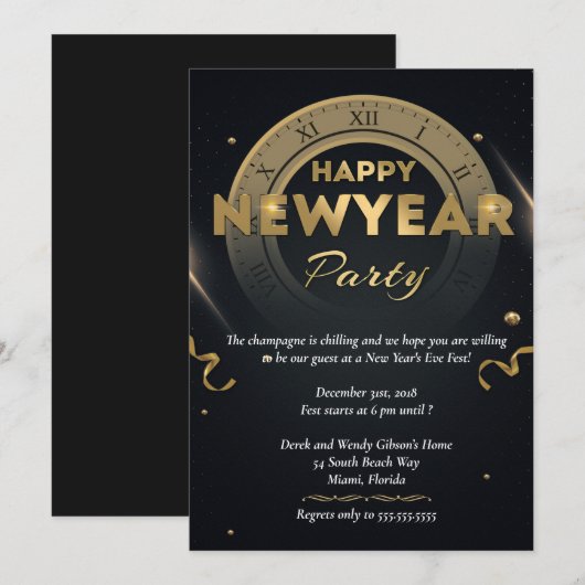 Elegant Black & Gold New Years Eve Party Kaart (Voorkant / Achterkant)