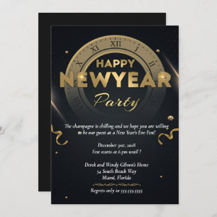 Elegant Black & Gold New Years Eve Party Kaart