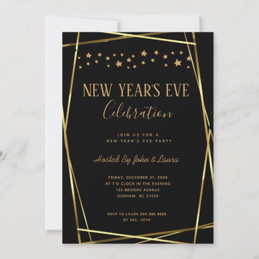 Elegant Black & Gold New Years party Aankondiging (Voorkant)