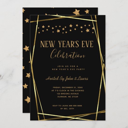 Elegant Black & Gold New Years party Aankondiging (Voorkant / Achterkant)
