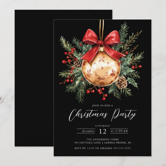 Elegant Black Gold Ornament Christmas Invite Kaart (Voorkant / Achterkant)