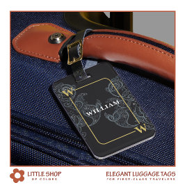 Elegant Black Gold Paisley Monogram Bagagelabel