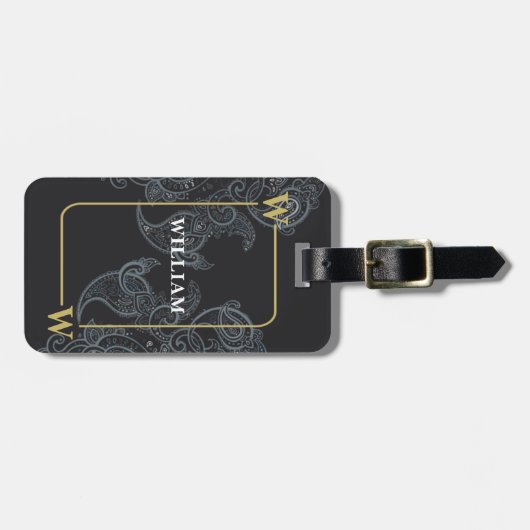 Elegant Black Gold Paisley Monogram Bagagelabel (Voorkant horizontaal)
