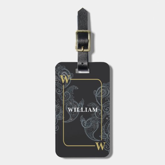 Elegant Black Gold Paisley Monogram Bagagelabel (Voorkant verticaal)