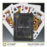 Elegant Black Gold Paisley Monogram Initiaal Naam Pokerkaarten<br><div class="desc">Deze speelkaarten zijn voorzien van een klassiek zwart en grijs paisleypatroon met een elegante gouden aanpasbare naam en initialen. Dit verfijnde ontwerp zal mannen en vrouwen met een onderscheidende smaak aanspreken. Wijzig de naam en initialen om een verfijnd cadeau te creëer voor Vaderdag en bruiloftsbruidsjonkers die graag kaartspellen en poker...</div>