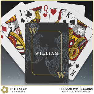 Elegant Black Gold Paisley Monogram Initiaal Naam Pokerkaarten