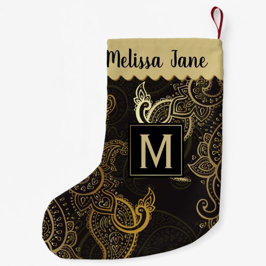 Elegant Black Gold Paisley Monogram Kleine Kerstsok (Achterkant)