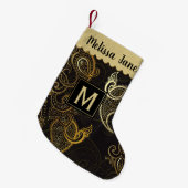 Elegant Black Gold Paisley Monogram Kleine Kerstsok (Voorkant (Hangend))