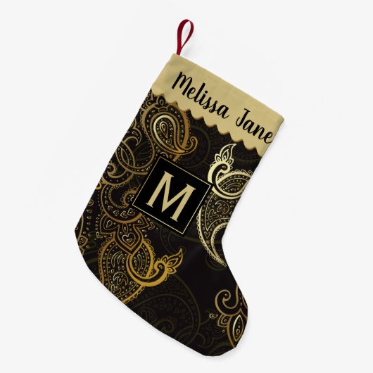 Elegant Black Gold Paisley Monogram Kleine Kerstsok (Voorkant (Hangend))