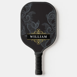 Elegant Black Gold Paisley Monogram Pickleball Paddle