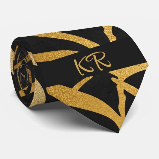 Elegant Black Gold Palm Leaf Pattern-Initialen Stropdas (Opgerold)