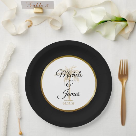 Elegant Black Gold Palm Tree Modern Wedding Papieren Bordje (Huwelijk)