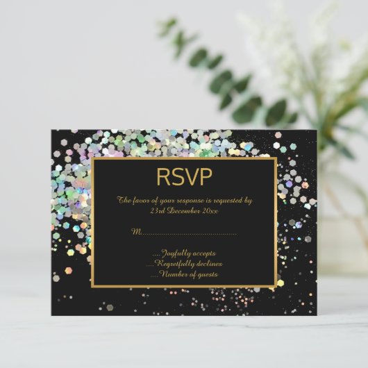 ELEGANT BLACK GOLD PASTEL HOLOGRAPHIC CUSTOP RSVP (Staand voorkant)
