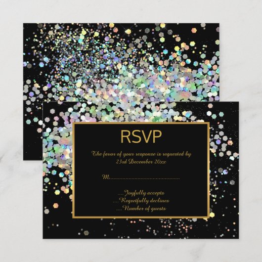 ELEGANT BLACK GOLD PASTEL HOLOGRAPHIC CUSTOP RSVP (Voorkant / Achterkant)