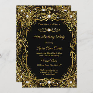 Elegant Black Gold Pearl Damask Birthday Kaart