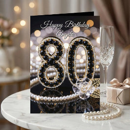Elegant Black Gold Pearl Diamond 80th Birthday Kaart