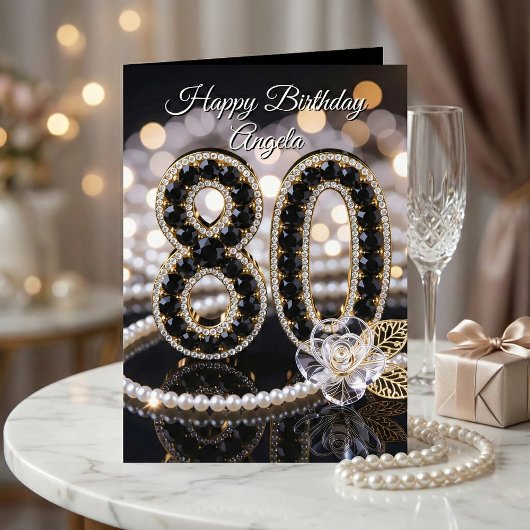 Elegant Black Gold Pearl Diamond 80th Birthday Kaart
