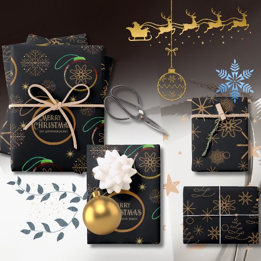 Elegant Black & Gold Personalized Christmas Inpakpapier Vel