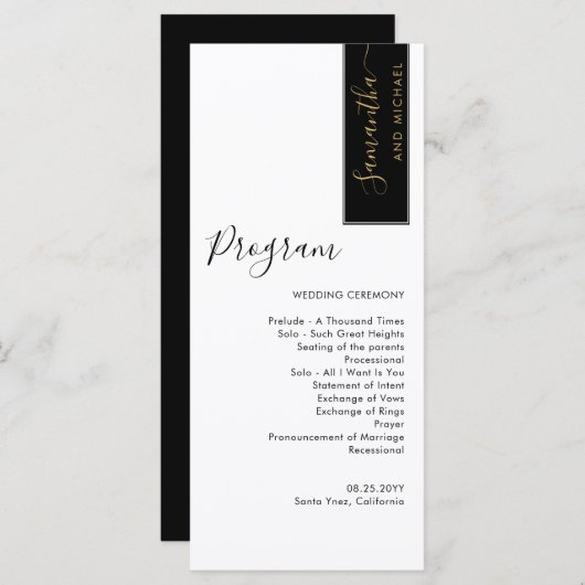 Elegant Black, Gold Personalized Wedding Program Menu (Voorkant / Achterkant)