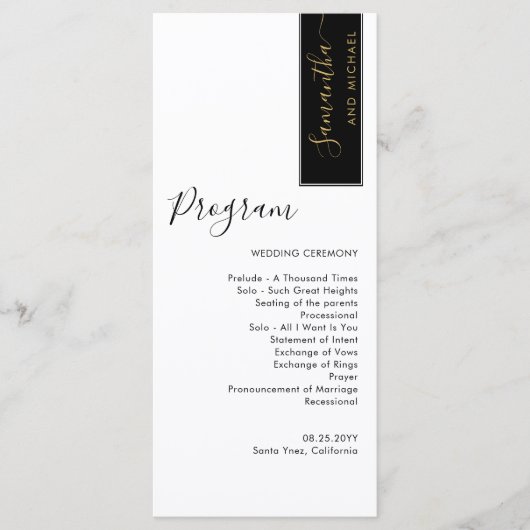Elegant Black, Gold Personalized Wedding Program Menu (Voorkant)
