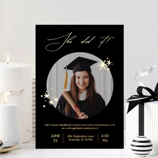 Elegant Black Gold Photo Graduparty Folie Uitnodiging